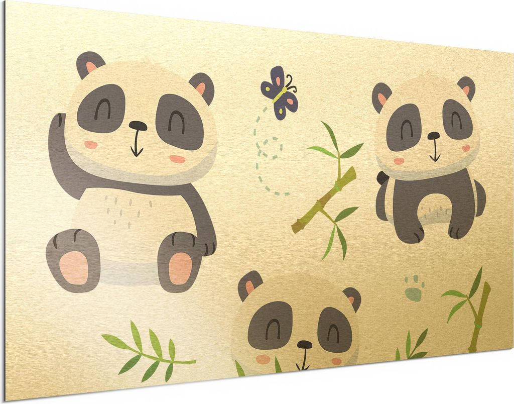 DEQORI Alu-Dibond Bild Gold 100x50 cm 'Die Bambusfreunde' Wandbild Metall dünn Design