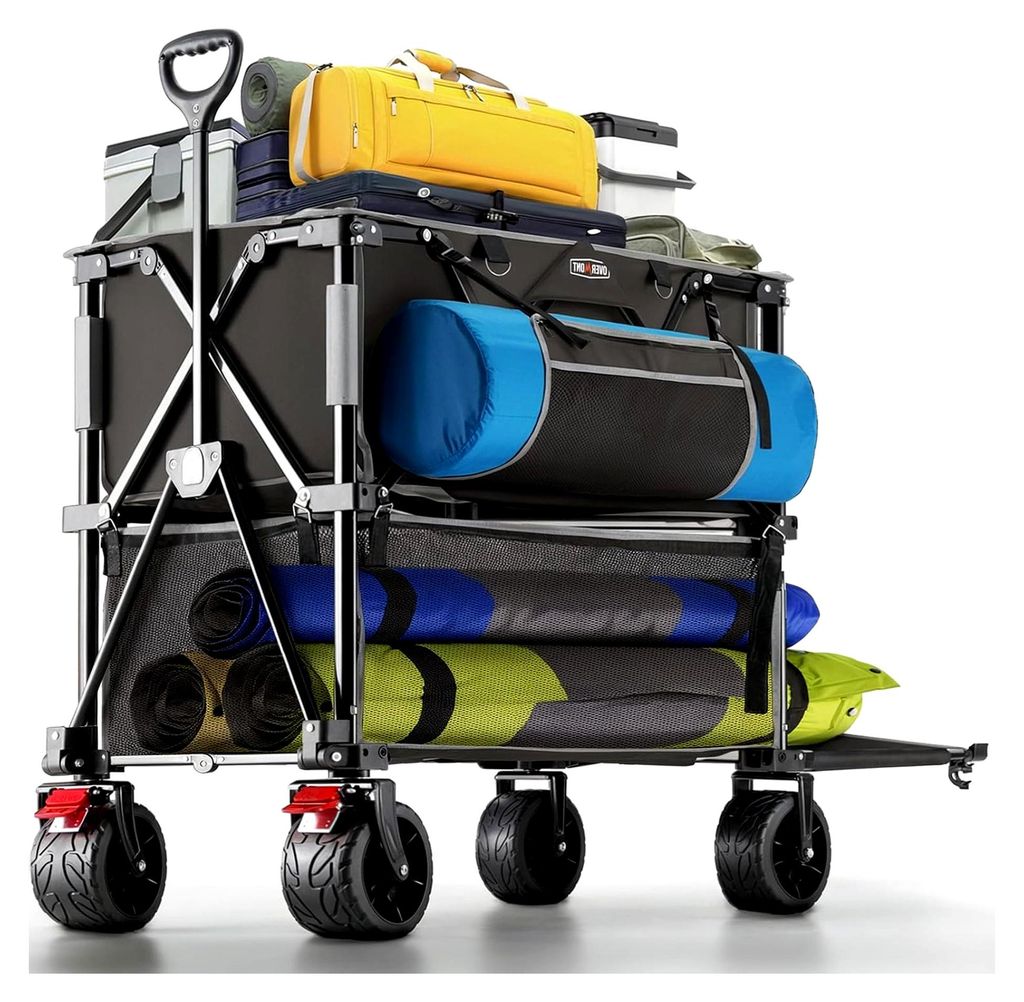 Faltbarer Doppeldecker Bollerwagen - Klappbar mit Geländegängigen Breitenrädern - 132 cm lange Verlängerung - bis 200 kg Tragkraft - für Campi...
