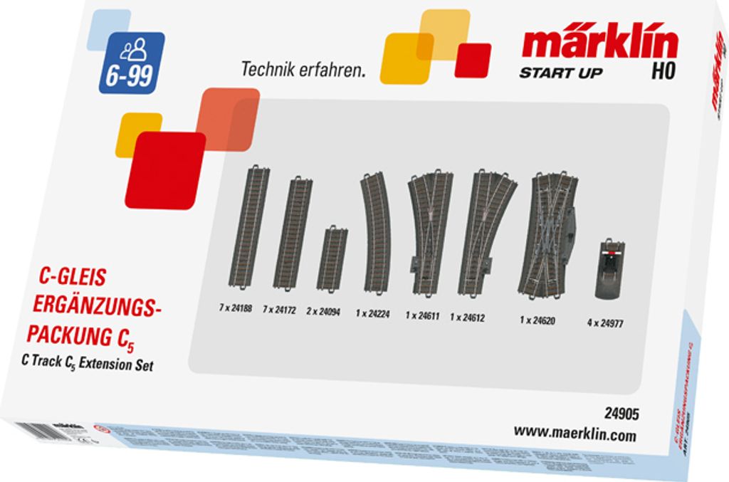 The image shows the packaging of a Märklin HO scale C-Gleis C5 extension set for model trains.