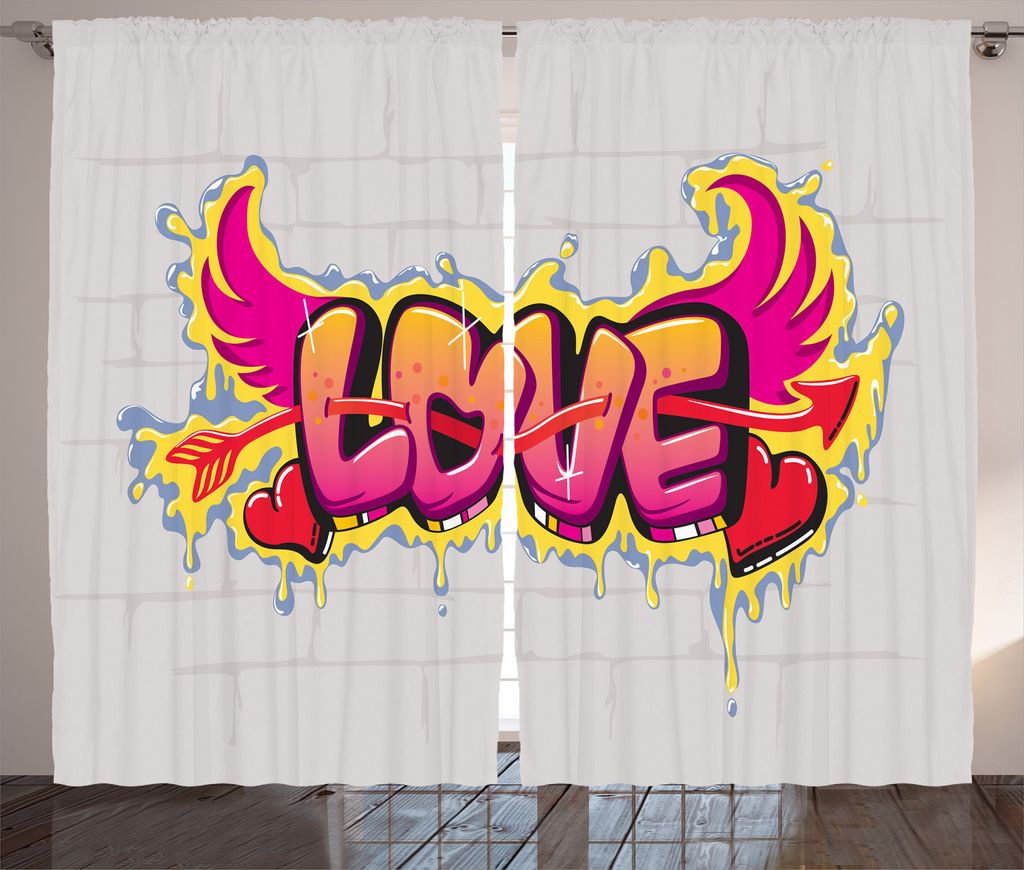 ABAKUHAUS Bunt Rustikaler Gardine, Liebe Worte auf Brick, Schlafzimmer Kräuselband Vorhang mit Schlaufen und Haken, 280 x 245 cm, Gelb Beige Rosa