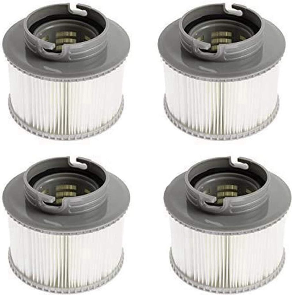 Four identical spa filter cartridges are arranged in a 2x2 grid against a white background.