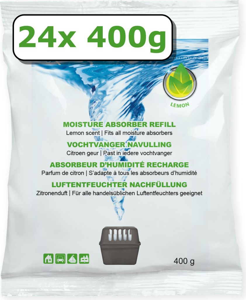 24x Luftentfeuchter Nachfüllung - 400 Gramm - lemonduft - Granulat im Vliesbeutel - Feuchtigkeit Absorber Nachfüllpack