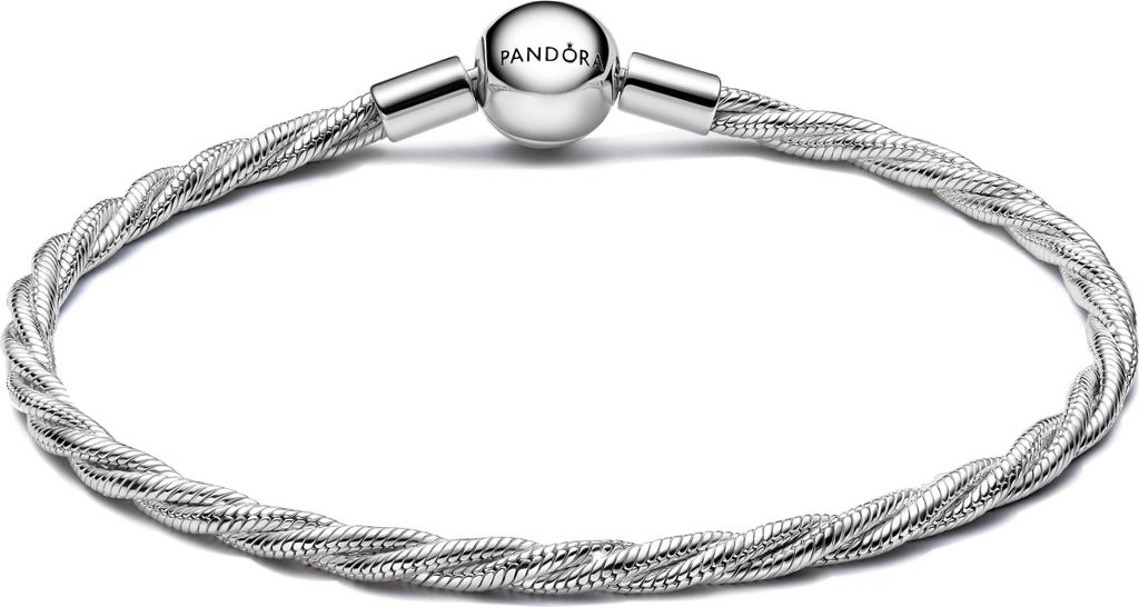 A silver Pandora bracelet with a round clasp is displayed against a white background.