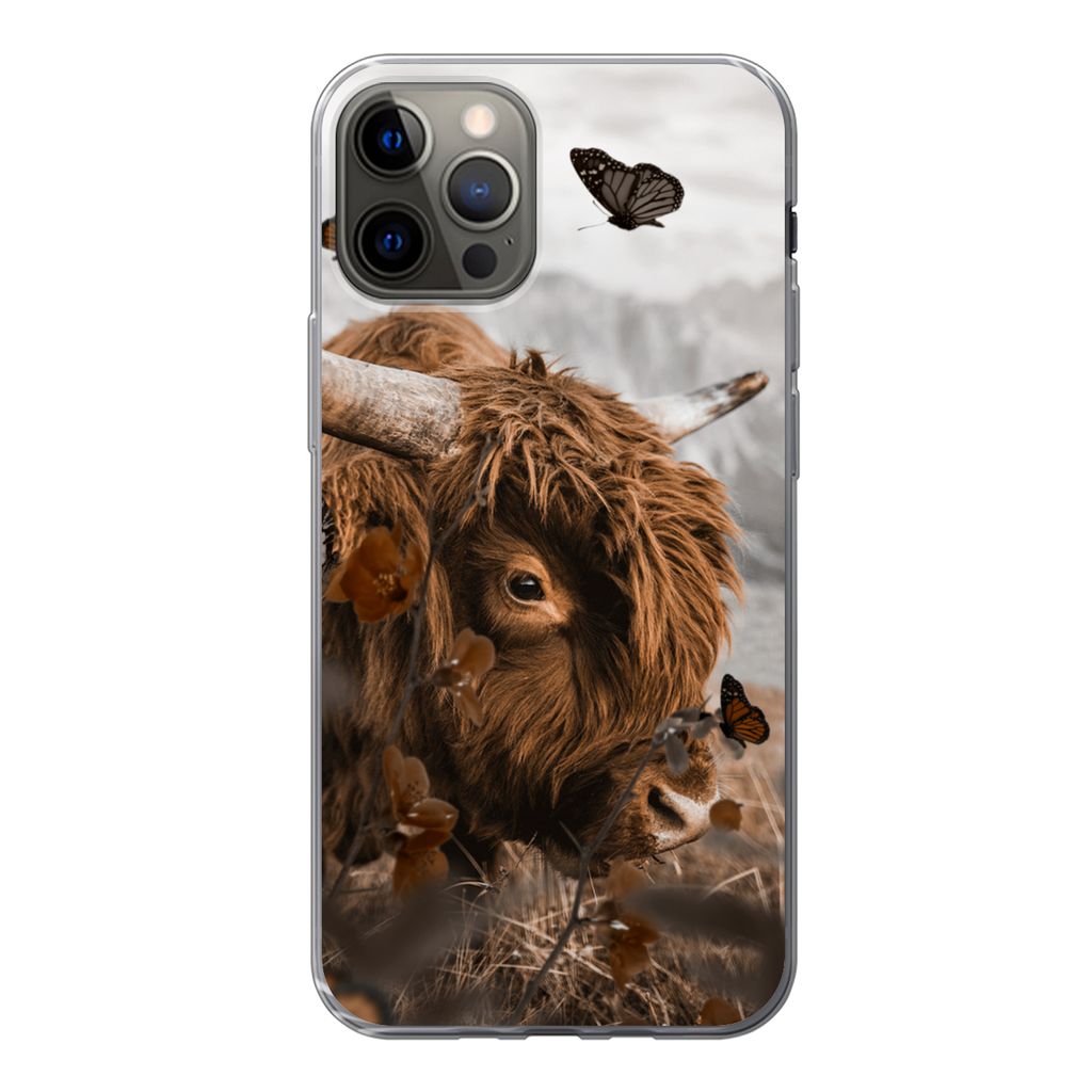 MuchoWow Handyhülle Schutzhülle Hülle für iPhone 13 Pro Scottish Highlander - Schmetterlinge - Pflanzen Silikon Softcase Handy Hülle - Handy...