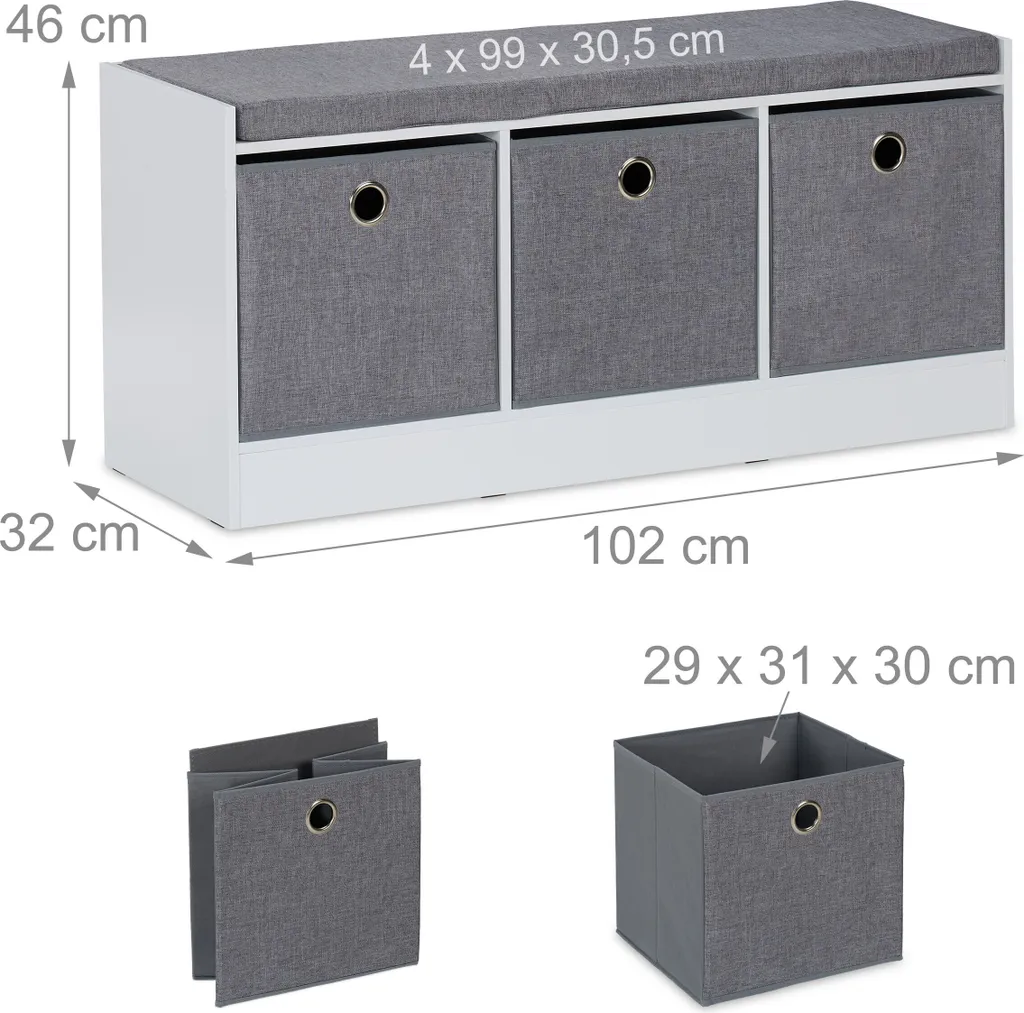 Banc avec coussin gris et 3 compartiments en bois blanc pour entrée