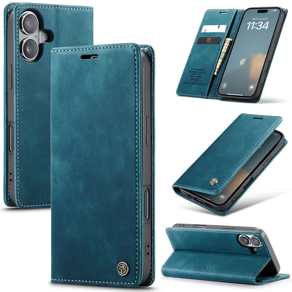 Custodia iPhone 16 Blu Retrò - Cover Finto Cuoio con Stand Magnetico