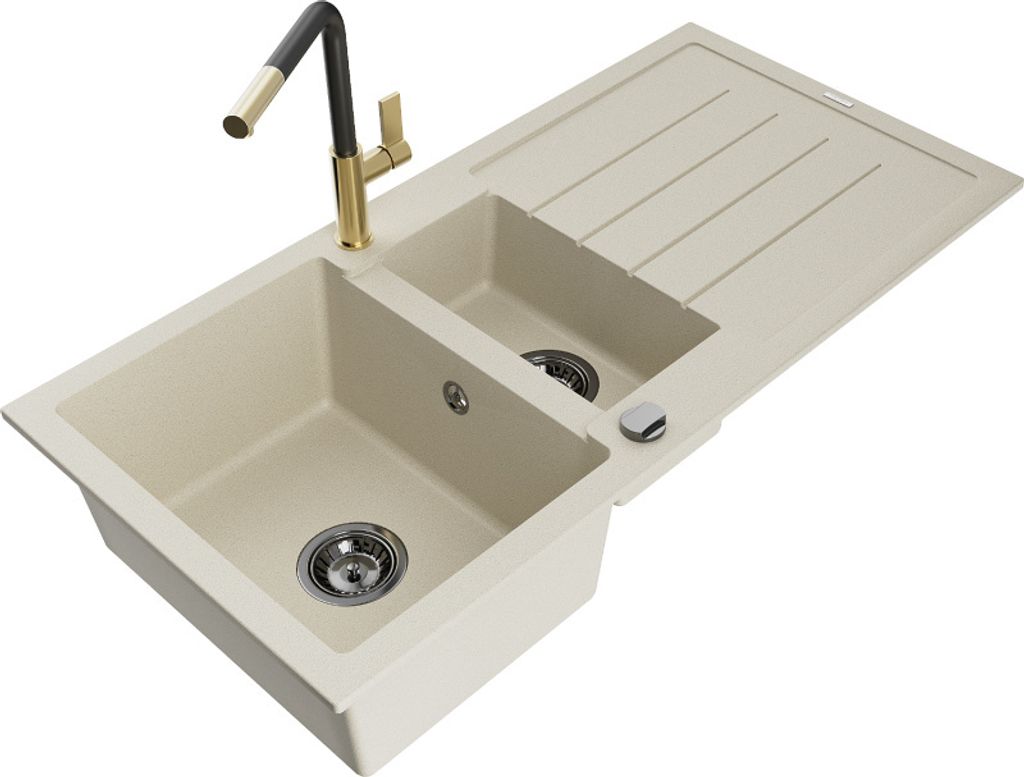 Mexen Andres 1,5-Becken-Granitspüle mit Abtropffläche und Mischbatterie Flora, Beige - 6515-69-670401-57-B