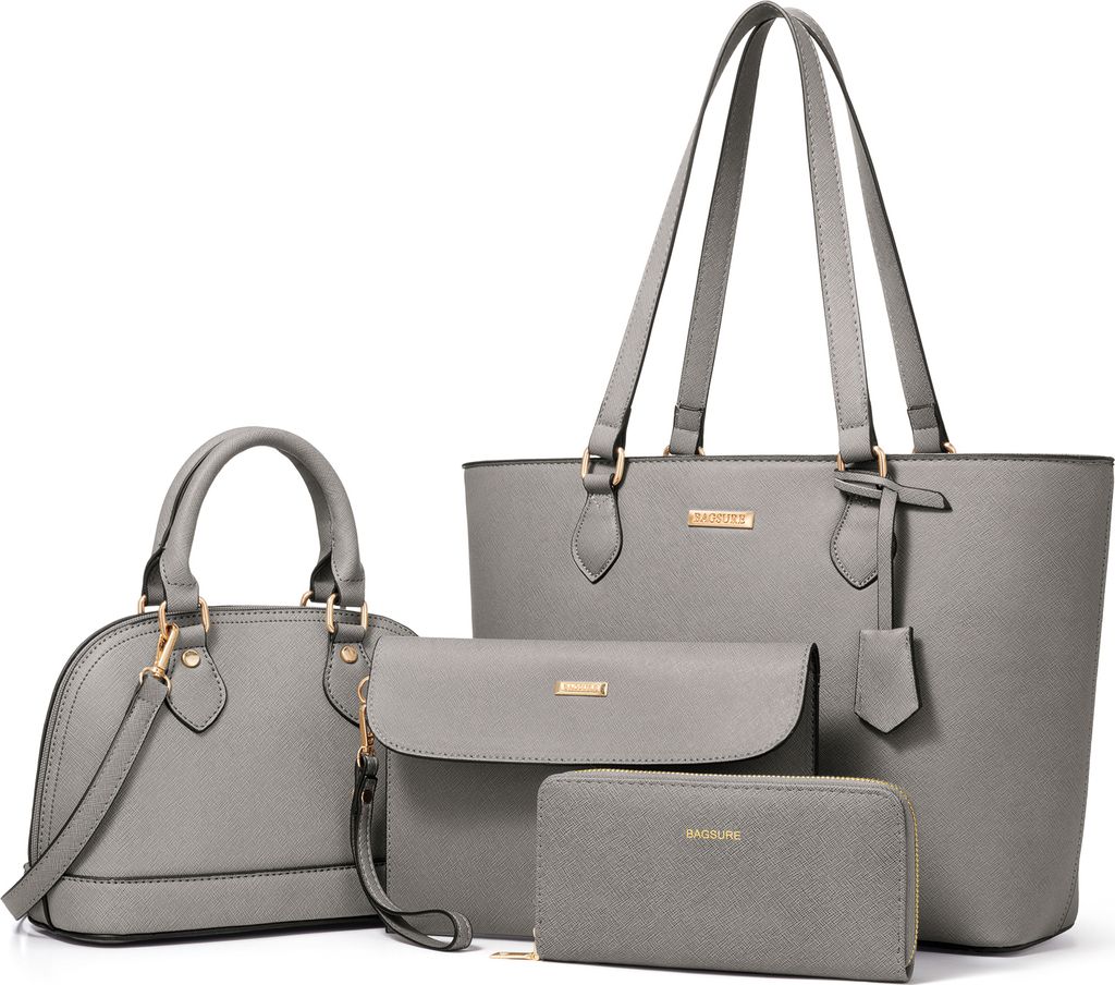 OKWISH 4-in-1 Damen Handtaschen Set, Grau - Elegante Schultertasche, Tote Bag & Clutch, Hochwertiges Kunstleder, Vielseitig für Arbeit & Freizeit
