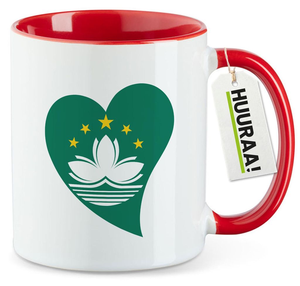 Huuraa Kaffeetasse Macau Flagge Herz 330ml Rot Keramik Kaffeebecher Geschenkidee
