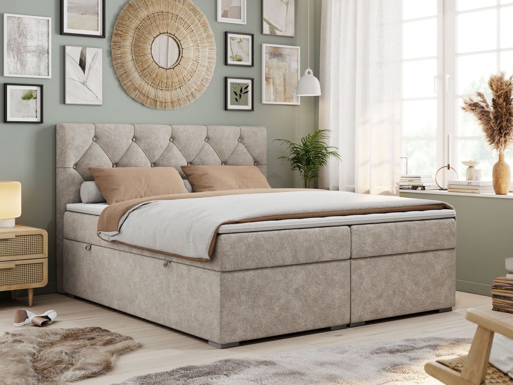Boxspringbett 140x200 mit Bettkasten, Boxspringbett 140x200 mit Matratze, Doppelbett mit Matratze und Topper - Polsterbett mit Kopfteil - Stauraumb...