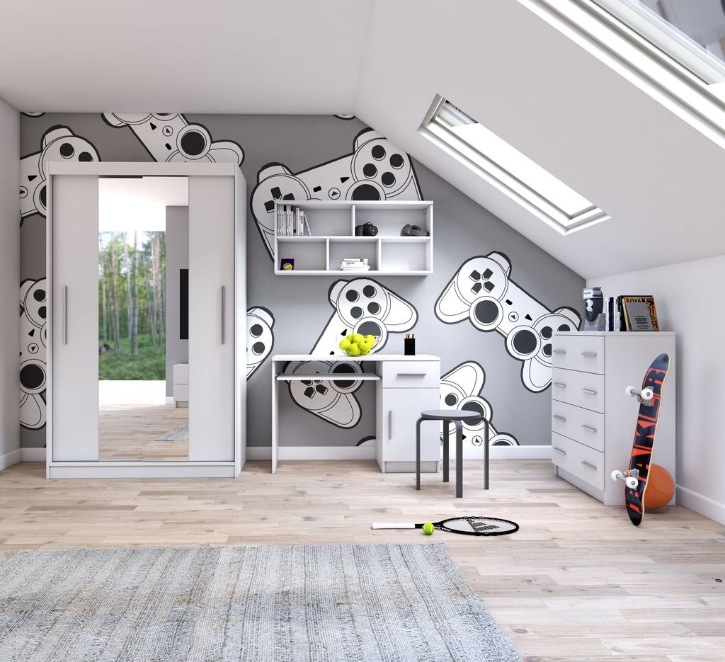 Jugendzimmer Komplett – Set 4-teilig Schrank Wandregal Kommode Schreibtisch Weiß/Weiß TOBBY BIS 01