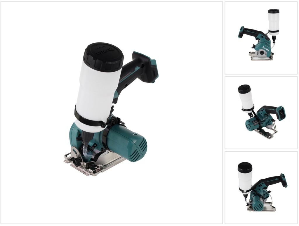 A cordless tile cutter with a white liquid reservoir attached to the top.