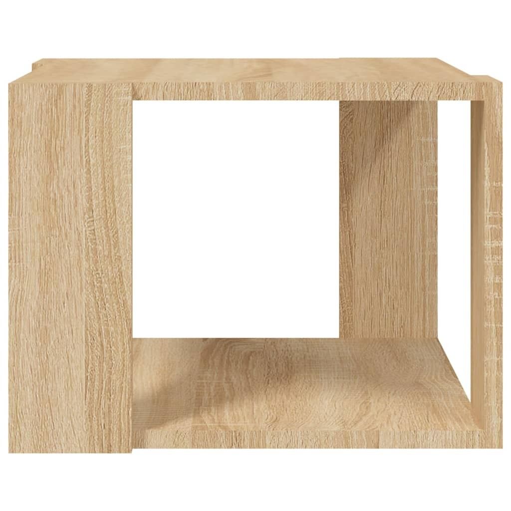 A single, light brown wooden cube-shaped table with an open front, shown against a white background.