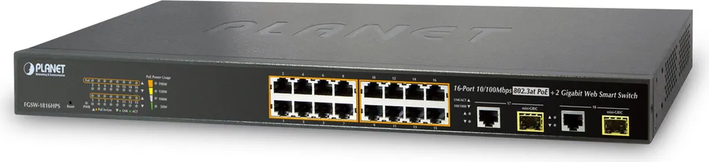 Switch Injecteur PoE+ 16 ports Fast Ethernet et double uplink SFP