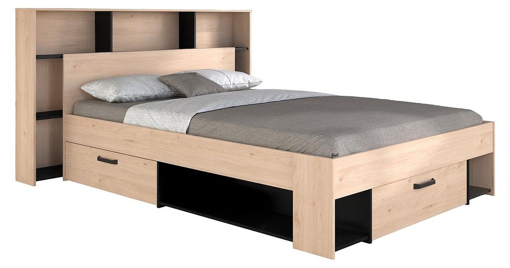 Bett 140 x 190/200 cm mit Kopfteil & Stauraum - Holzfarben & Schwarz - KINSELIA