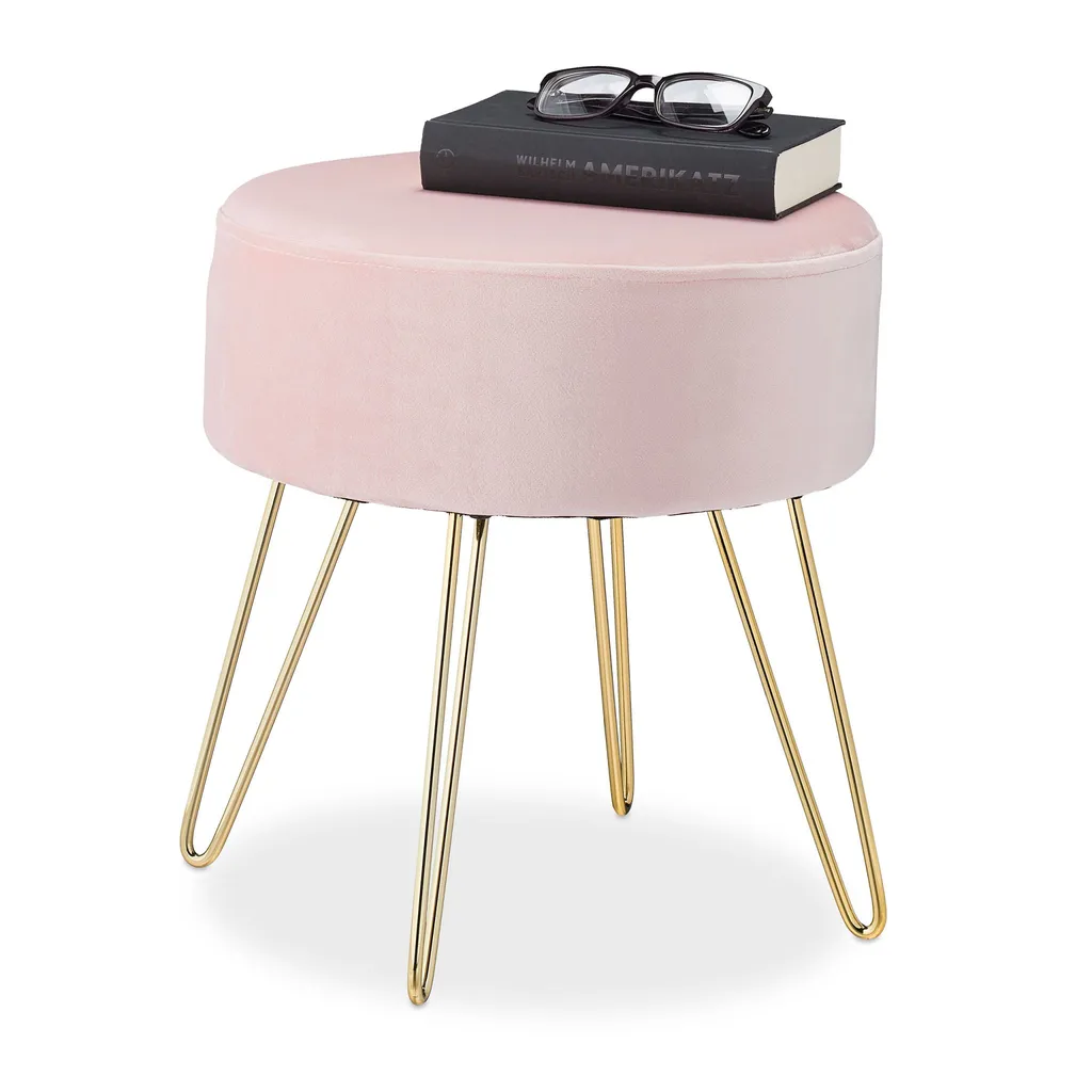 Petit tabouret rose en velours pour coiffeuse - Assise déco pied métallique