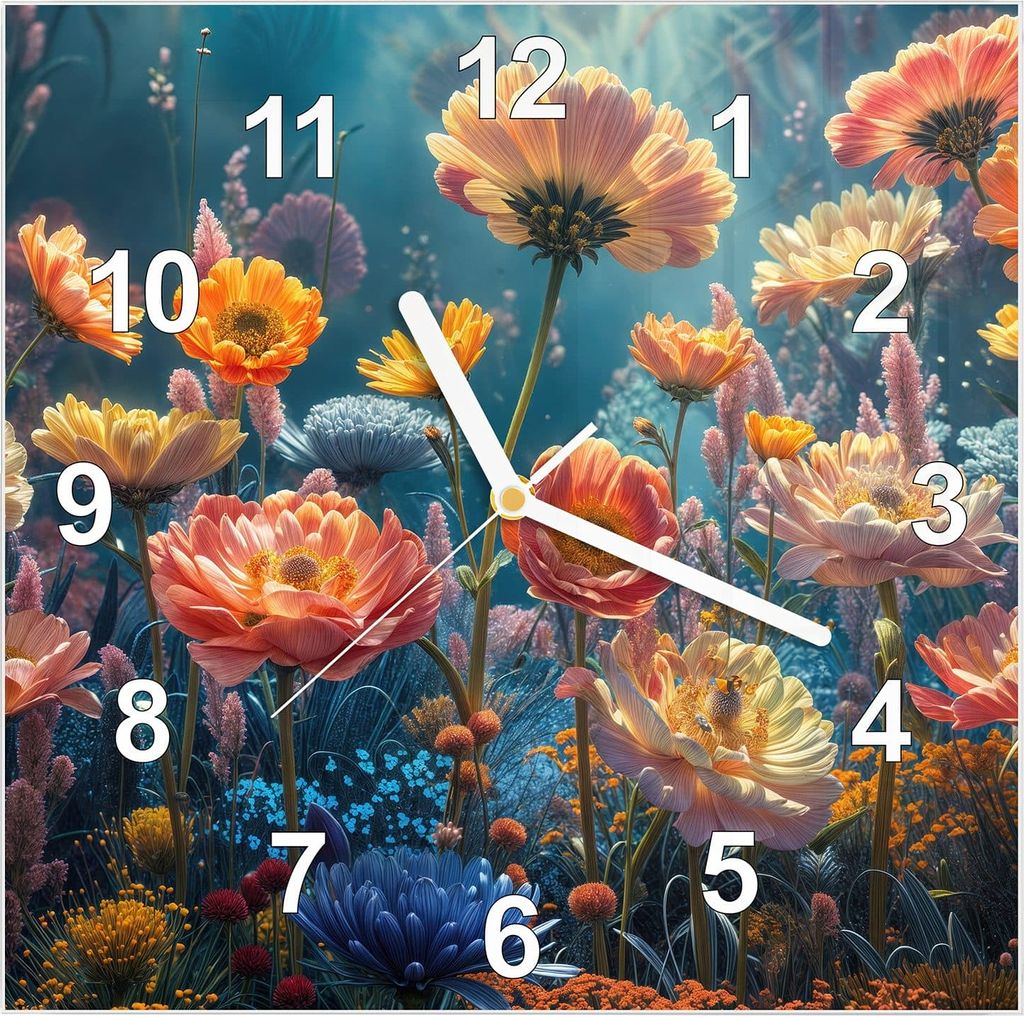 Wanduhr aus Glas mit Motiv Blumengarten- 30 x 30 cm - inkl. Aufhängesystem