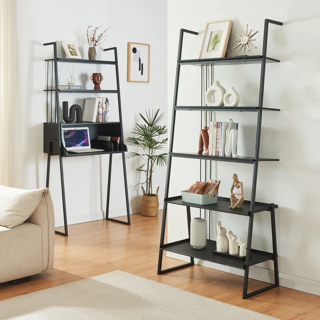 Set Storfjord Metallo Nero: Scrivania a Scala e Libreria Moderna