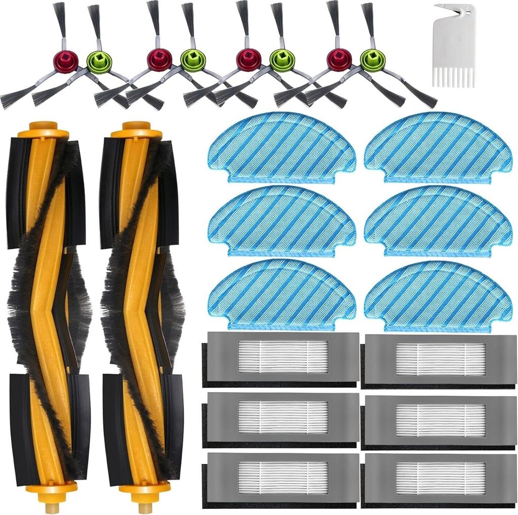 A collection of cleaning accessories for a robot vacuum cleaner, including brushes, filters, and mop pads, arranged on a white background.