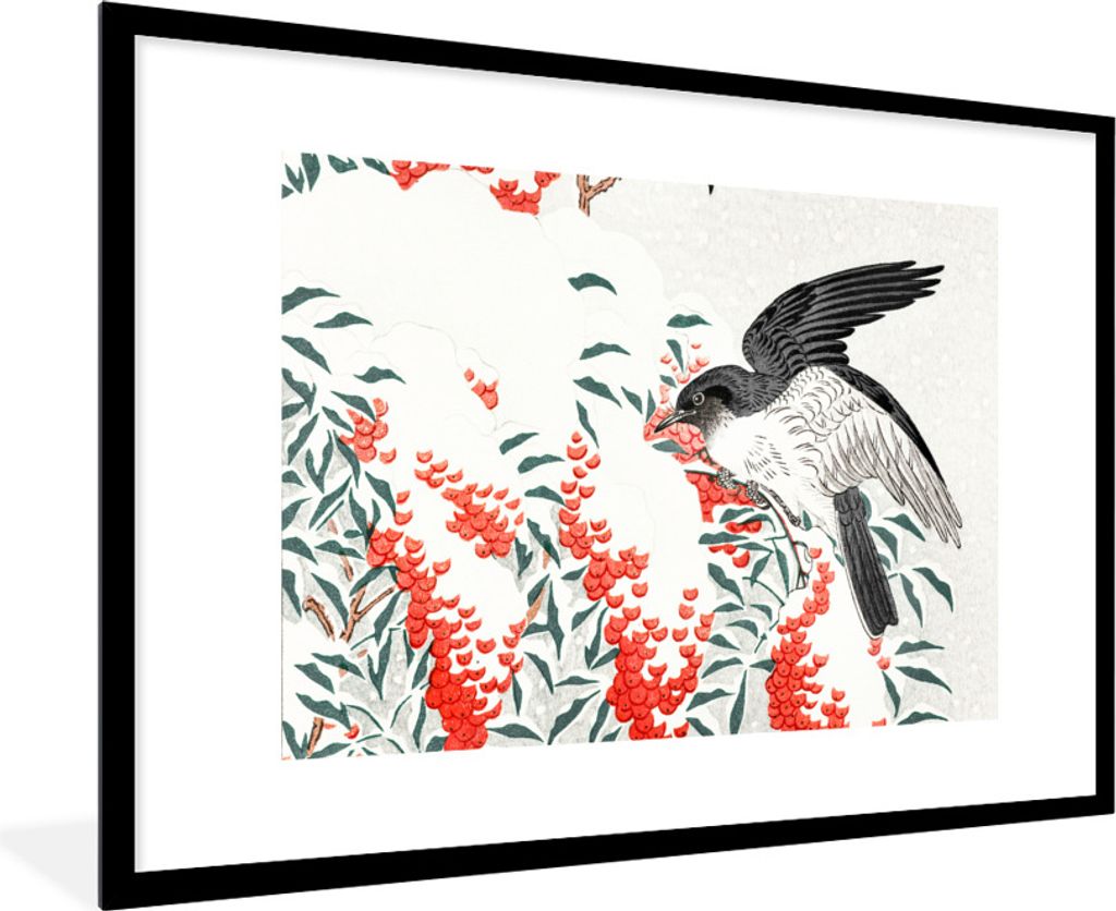 MuchoWow Gerahmtes Poster Vogel - Beere - Japanisch 90x60 cm - Poster mit Schwarzem Bilderrahmen Wandposter Rahmen Foto Bilder - Wanddekoration -...