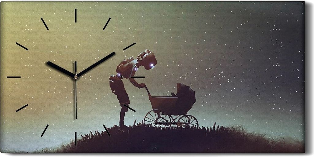 Wanduhr Leinwand Bild Uhr Geräuschlos 60x30 ein Roboter mit einem Kinderwagen - schwarze Hände