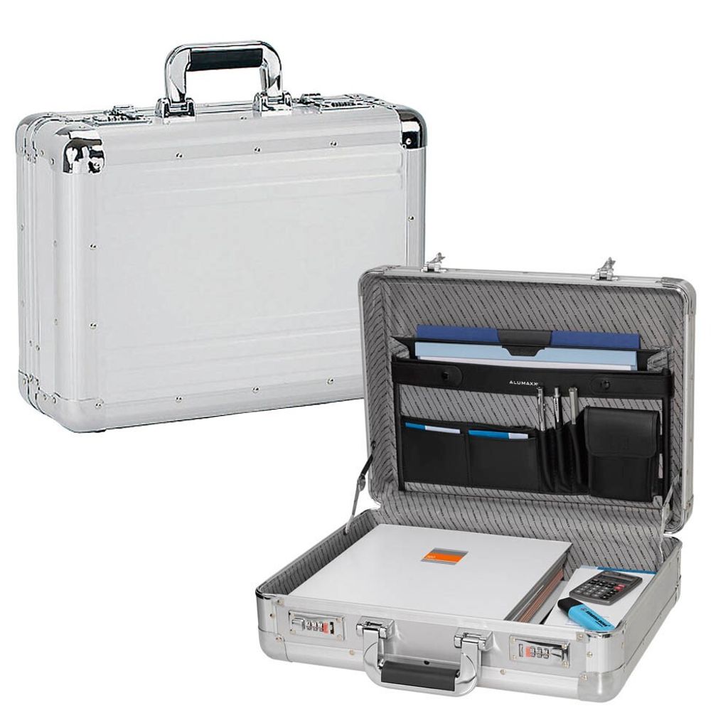 Two aluminum attaché cases are shown, one closed and one open, against a white background.