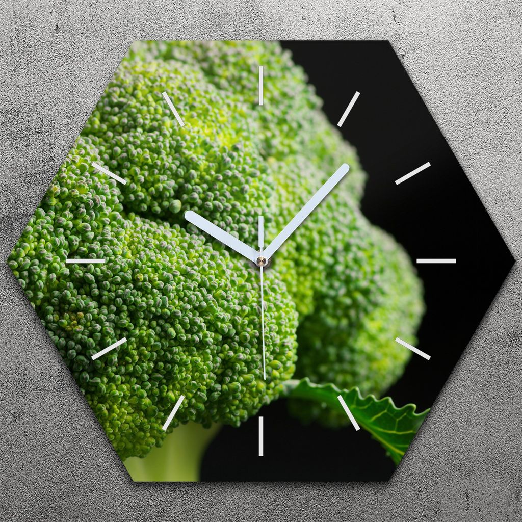 Uhr hexagonal 40 cm Glas Geräuschlos weiße Zeiger - Gemüse Brokkoli