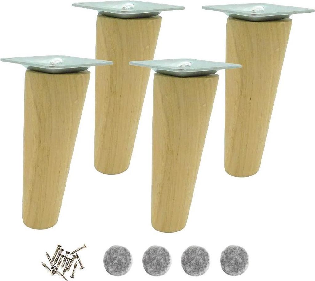 4x Möbelfüße aus Eiche – schräg, roh, 15 cm – mit M8-Schraube & Montageplatte