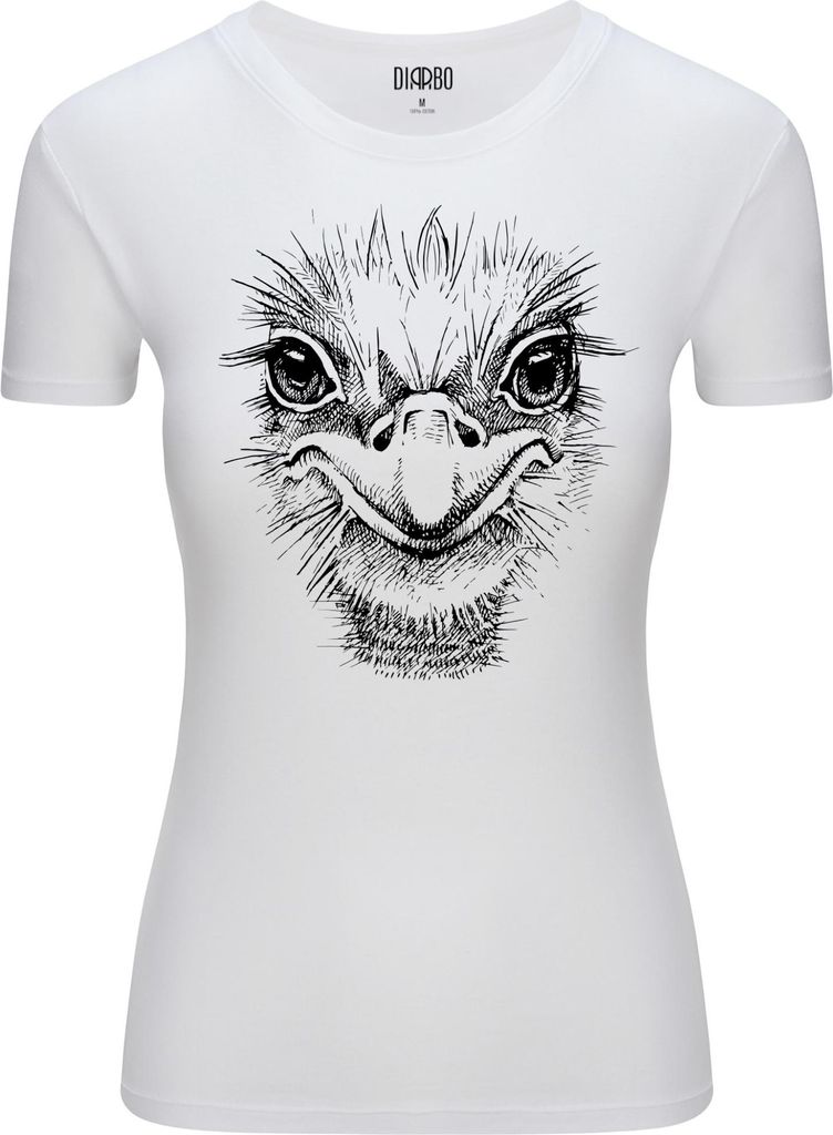 Diarbo Damen T-Shirt mit Tierliebhaber Druck Straußenkopfskizze Weiß Gr.M