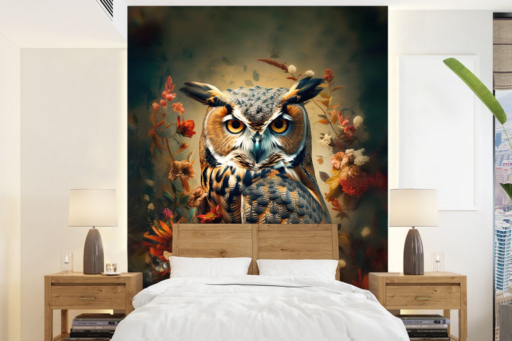 MuchoWow Fototapete für Wohnzimmer oder Schlafzimmer Wandtapete Vinyl Motivtapete Eule - Vogel - Blumen - Botanisch - 165x220 cm - Wanddekorationen
