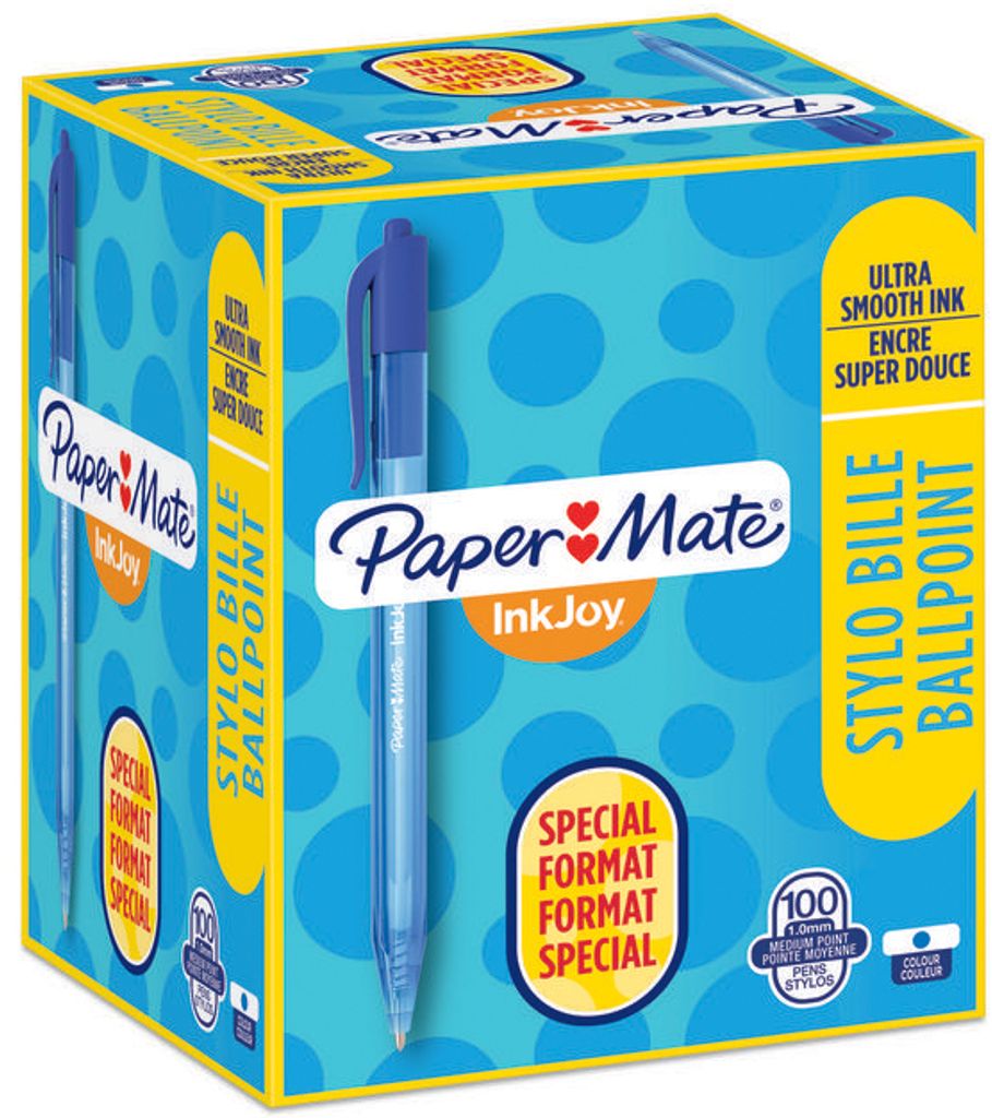 Paper Mate InkJoy 100RT Retractable Kugelschreiber | mittlere Spitze (1,0 mm) | Blau | 100 Stück