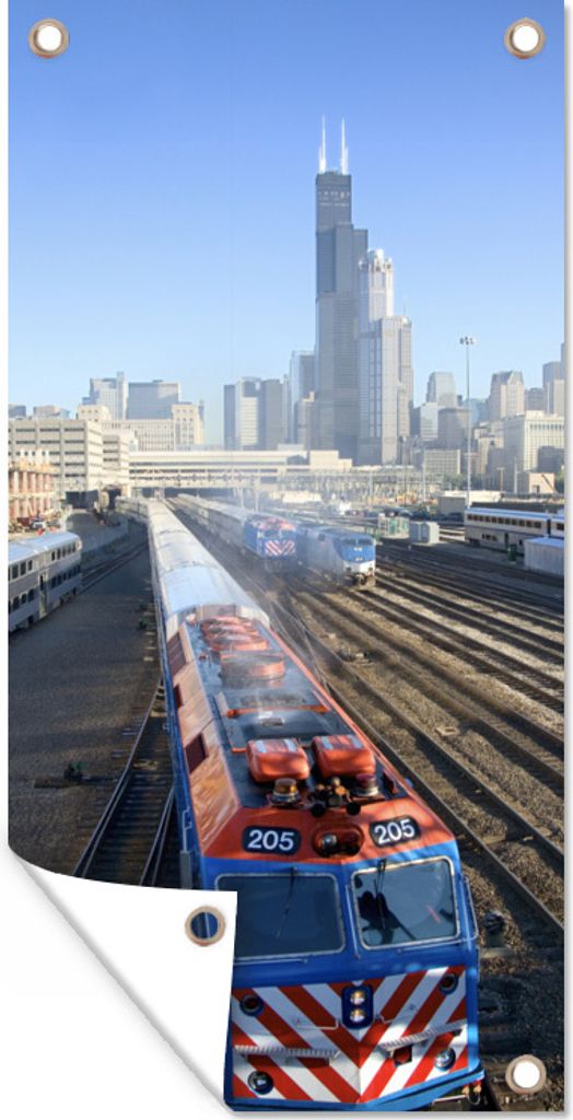 MuchoWow 80x160 cm Outdoor-Poster Gartendeko Sichtschutz Garten Poster für den Garten Züge in Chicago mit dem Willis Tower im Hintergrund