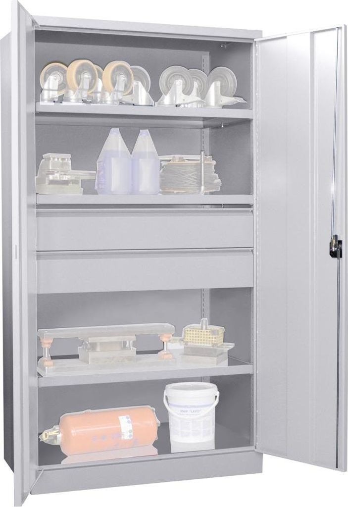 Schwerlastschrank, Vollblechtüren, ohne Trennwand, 3 Böden, 200 kg Traglast, 2 Schubl. 175 mm, BxTxH 1040x630x1950 mm, RAL 7035