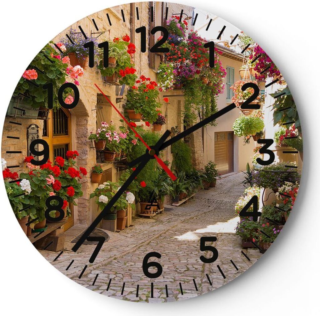Wanduhr - Rund - Glasuhr - Blume Straße Haus - 40x40cm - Schleichendes Uhrwerk - Lautlos - zum Aufhängen bereit - Dekoration Modern - Wanddekorat...
