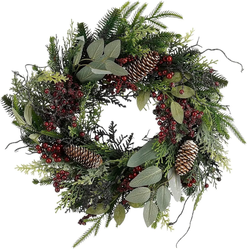 Couronne de Noël Bodi Diamètre 40cm Pommes de Pin Réelles Rouge Bordeaux