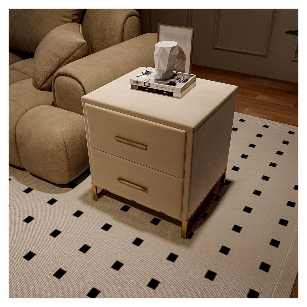 Nachttisch 2er Set mit 2 Schubladen und Metallfüßen, modernes Nachtkästchen aus Samt für Schlafzimmer und Wohnzimmer (Beige A, 40x40x50cm)