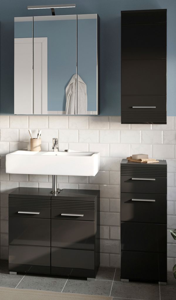 Badmöbel Set 4-teilig "Leon" schwarz Hochglanz Badkombination 105 x 182 cm mit LED