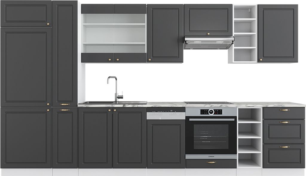 Küchenzeile Vicco Fame-Line Anthrazit-Gold/Weiß 355 cm ohne Arbeitsplatte, Model 38049