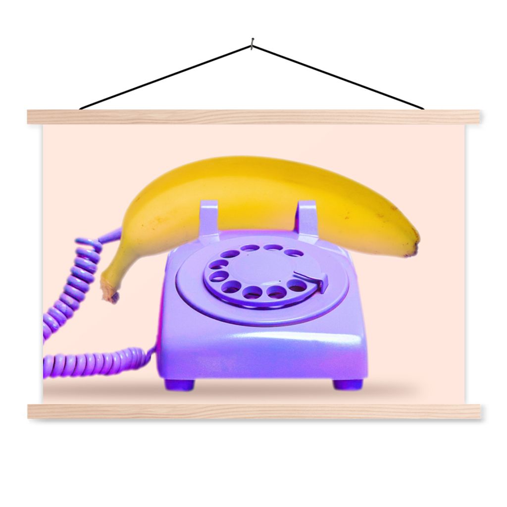MuchoWow Textilposter Banane - Telefon - Lila - Gelb 120x80 cm mit holzfarbenen Rahmen - Aufhängeset