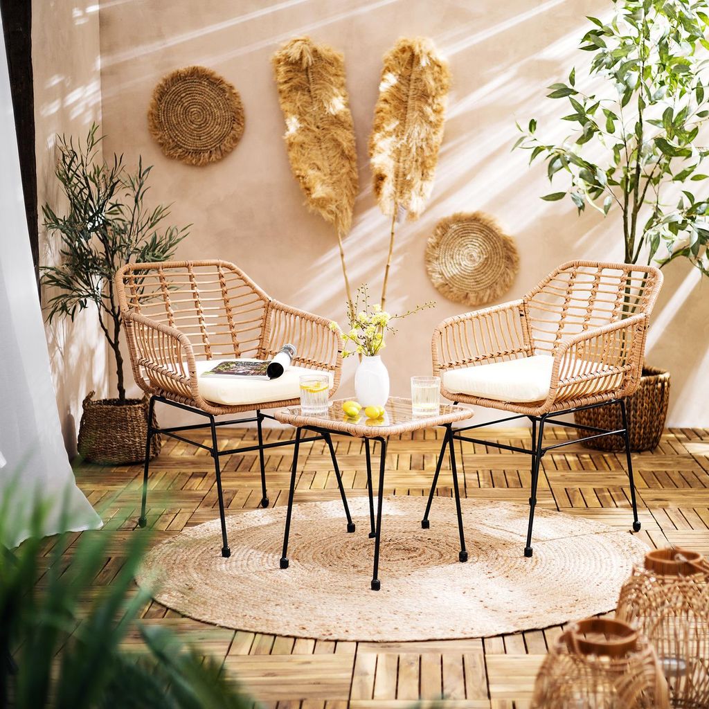 home24 Balkonset - 3-teilig - Polyrattan / Stahl - Beige / Schwarz