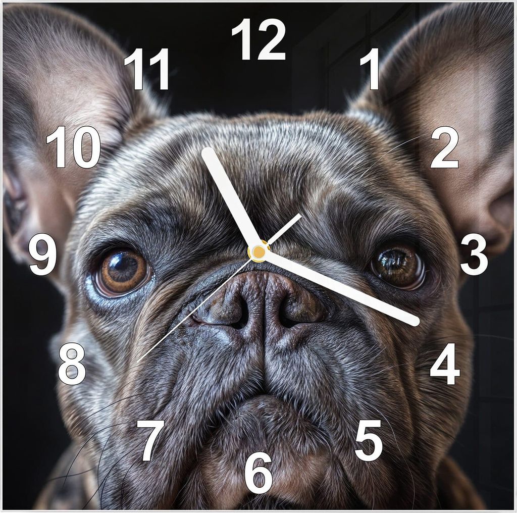 Wanduhr aus Glas mit Motiv Bulldoggenportrait- 30 x 30 cm - inkl. Aufhängesystem