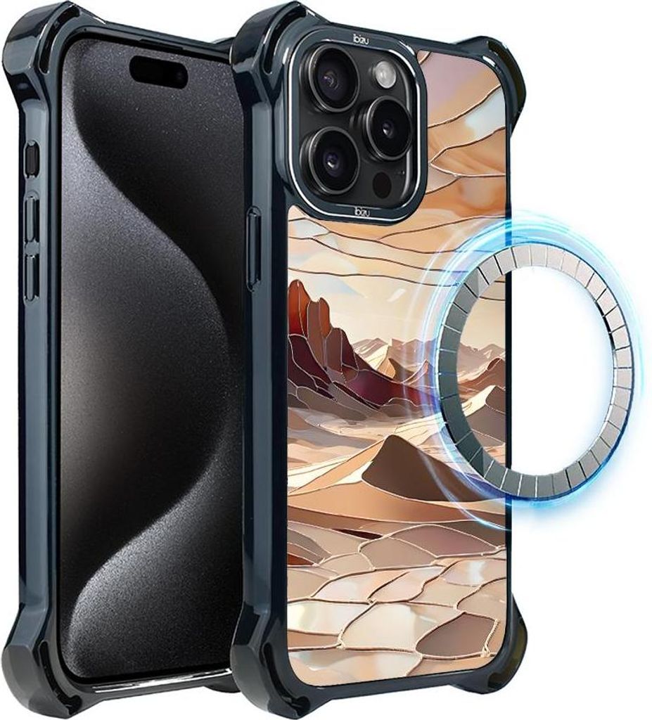 Schutzhülle für das iPhone 15 Pro, MagSafe-kompatibel, verstärkte Ecken, schwarz, Glasmalerei, Wüste, Dünen