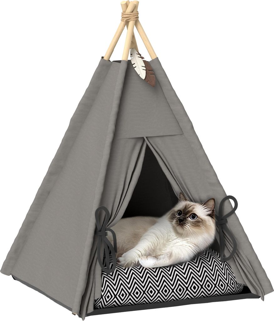 Tipi-Zelt für Haustiere, Tierbett im Tipi-Design, Katzenzelt mit Kissen, Hundebett zum Schlafen, Katzenbett, Grau, 60,0x60,0x76,0 cm