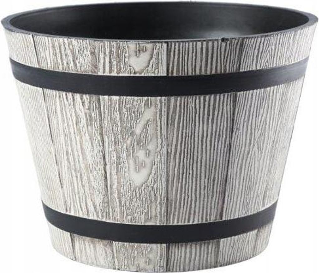 A close-up studio shot of a light gray planter with a wood grain imitation.