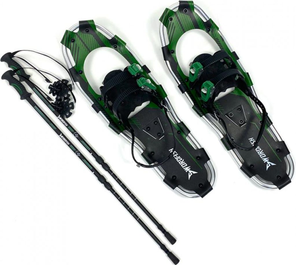 A pair of snowshoes and two trekking poles are laid out on a white background.