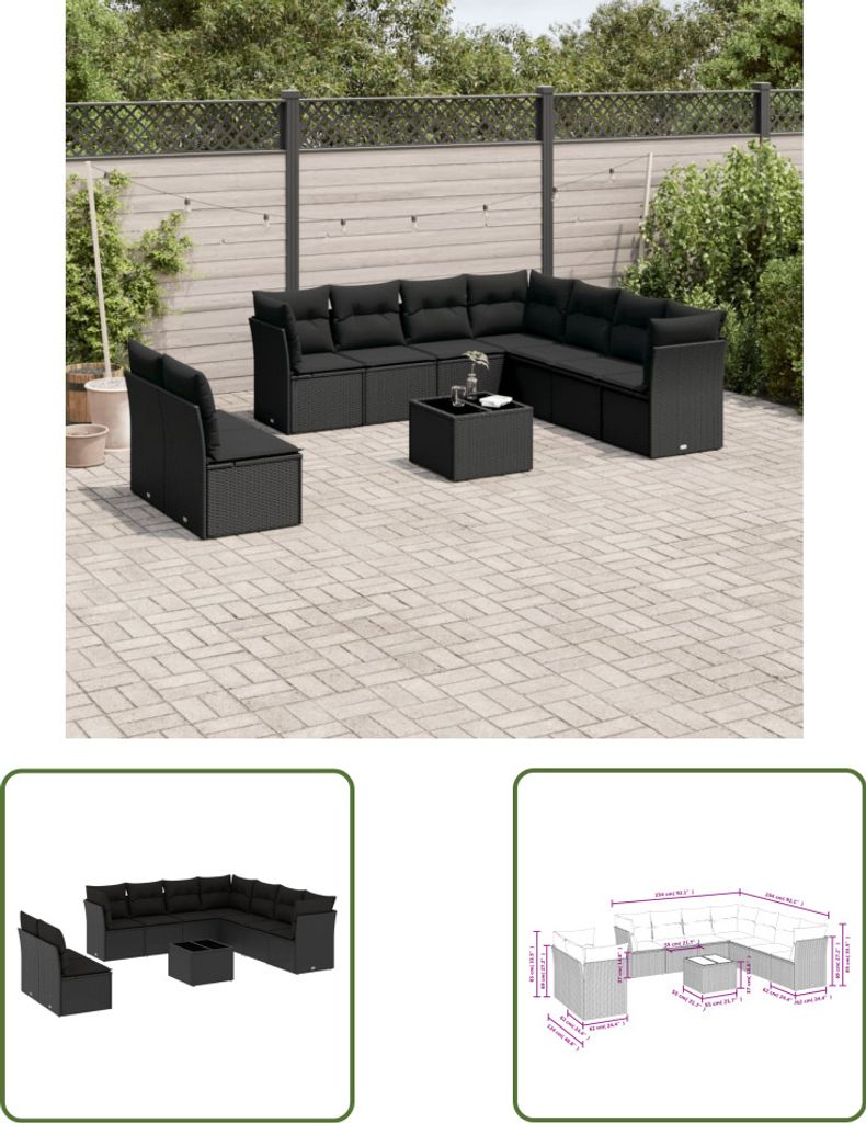 The Living Store 10-tlg. Garten-Sofagarnitur mit Kissen Schwarz Poly Rattan
