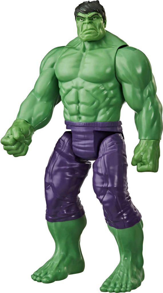 A full-body shot of a Hulk action figure against a white background.