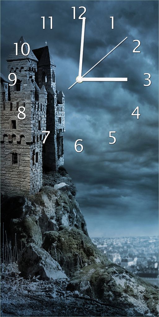 Wallario Design Wanduhr bedruckt, Größe 30 x 60 cm, Motiv: Altes Geisterschloss