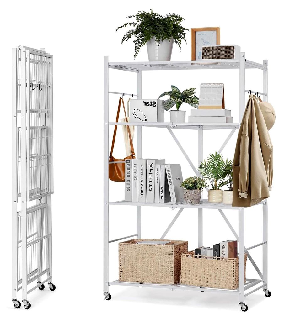 Klappbare Regale mit 4 Etagen und Rädern, 53x91x152 cm, Faltbares Schwerlastregal, montagefreies Standregal, Haushaltsregal, Küchenregal, Metallr...