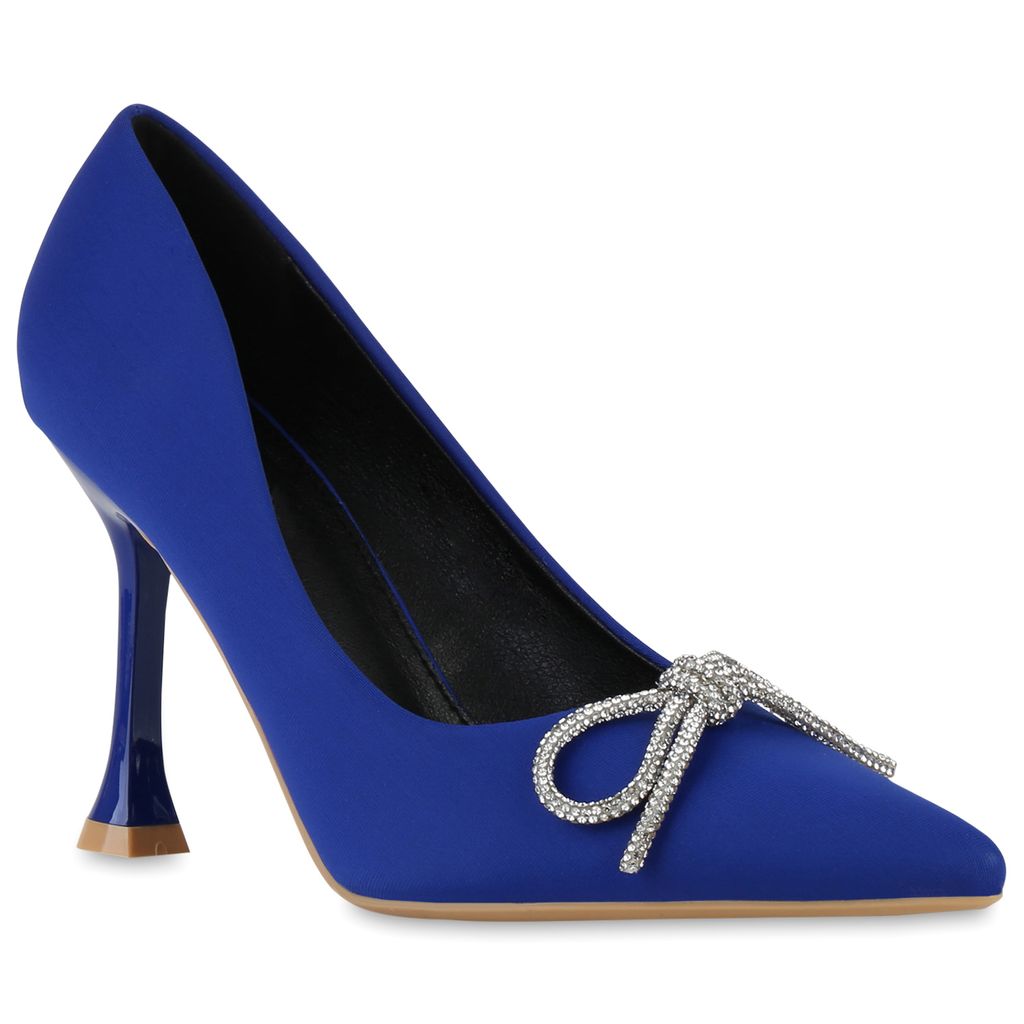 VAN HILL Damen Spitze Pumps Party Strass Schleife Absatz-Schuhe 840030, Farbe: Blau, Größe: 38
